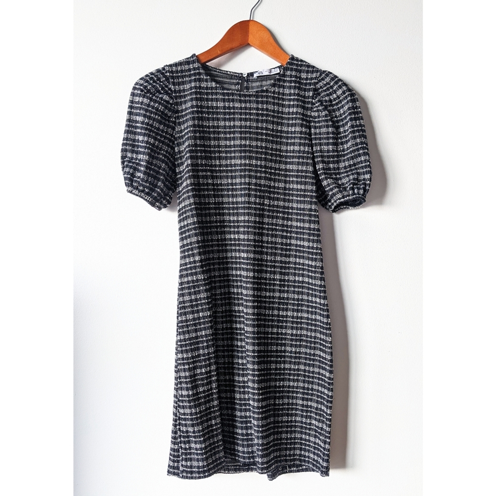 Black White Plaid Mini Dress Poofy Shoulders Zara